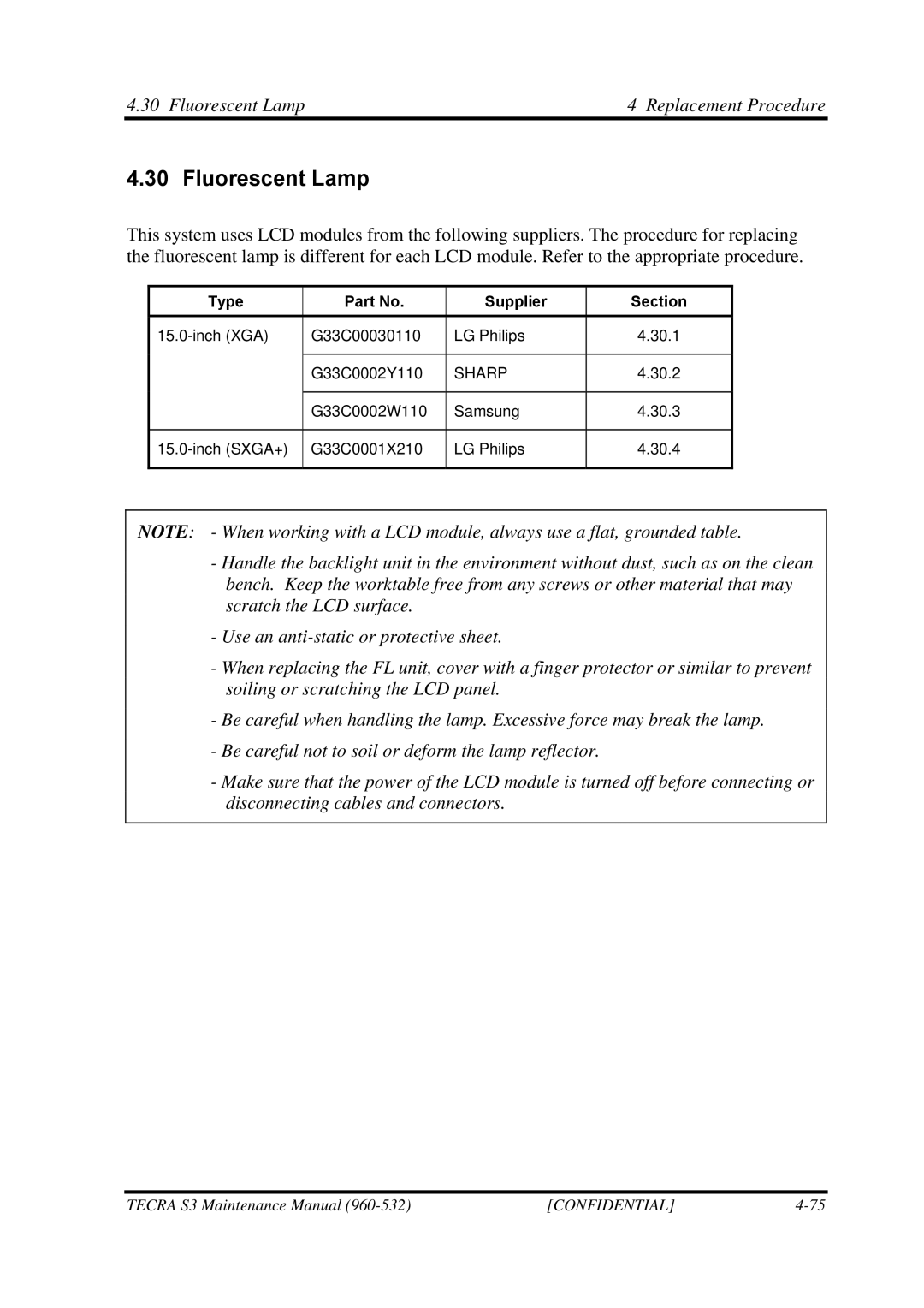 Toshiba S4 manual Fluorescent Lamp Replacement Procedure, Type Supplier Section 