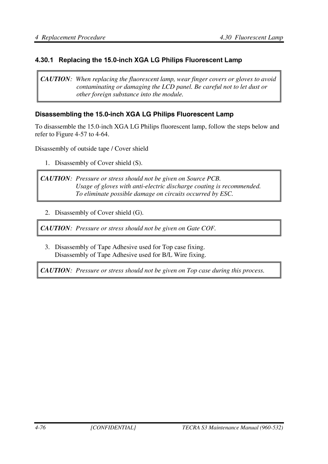 Toshiba S4 manual Replacement Procedure Fluorescent Lamp 