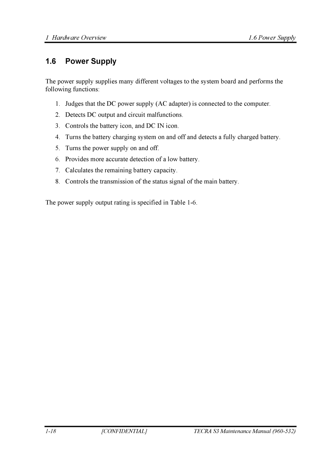 Toshiba S4 manual Hardware Overview Power Supply 