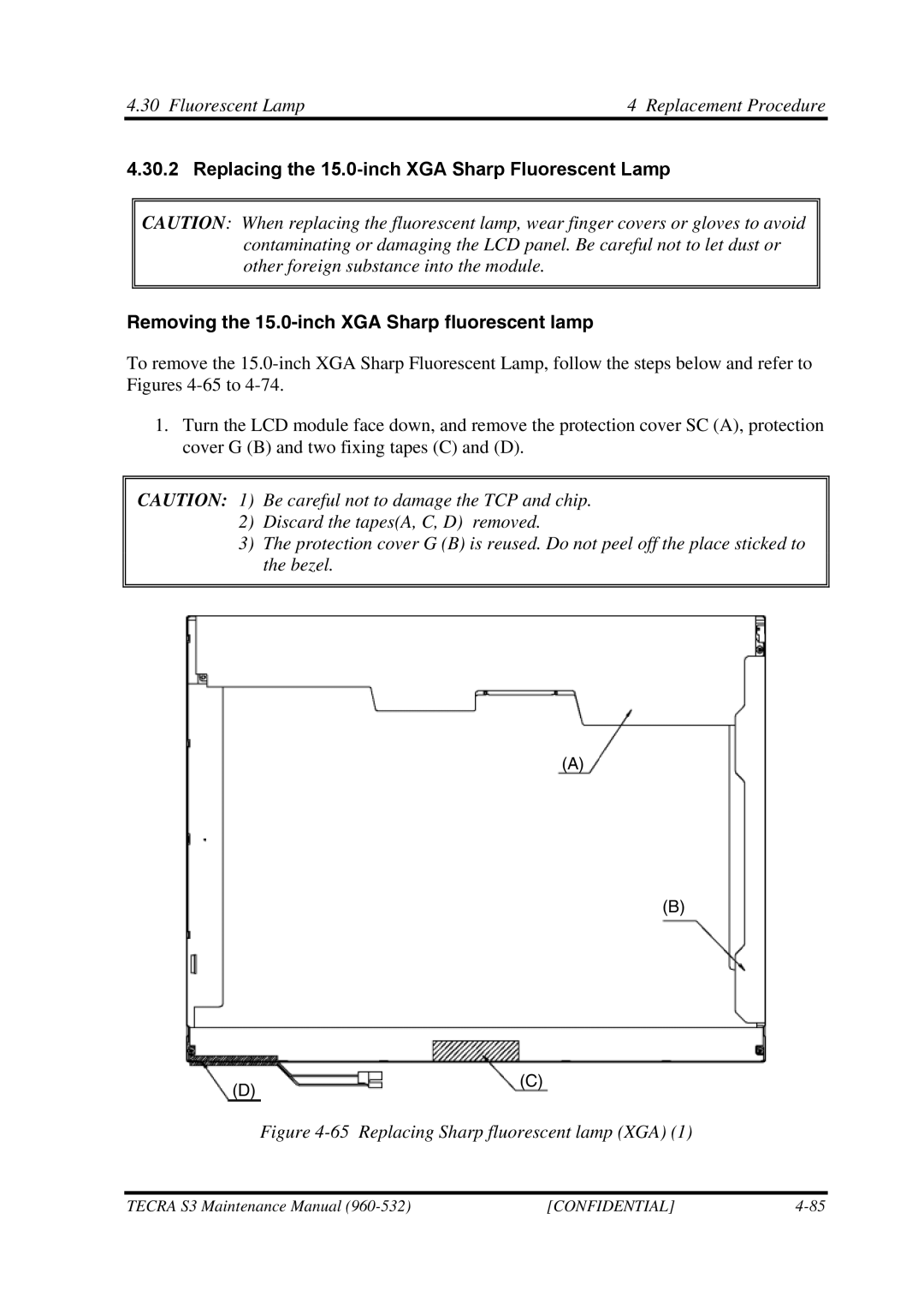 Toshiba S4 manual Replacing Sharp fluorescent lamp XGA 