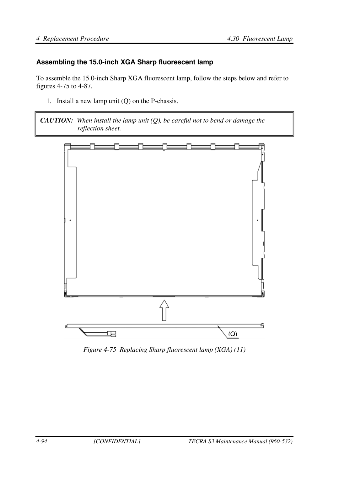 Toshiba S4 manual Assembling the 15.0-inch XGA Sharp fluorescent lamp 