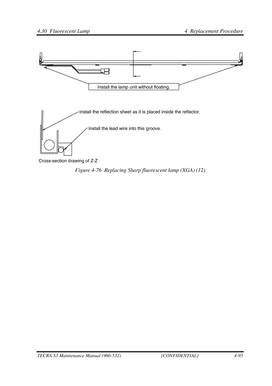 Toshiba S4 manual Replacing Sharp fluorescent lamp XGA 