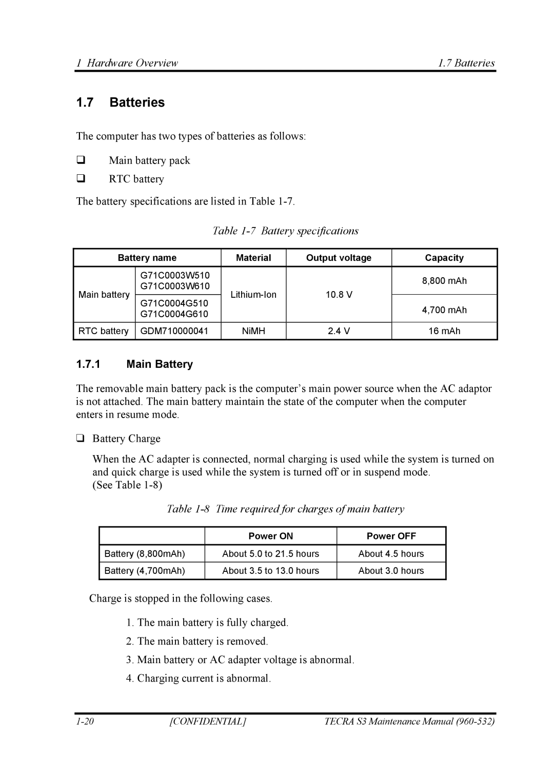 Toshiba S4 manual Hardware Overview Batteries, Battery specifications, Main Battery 