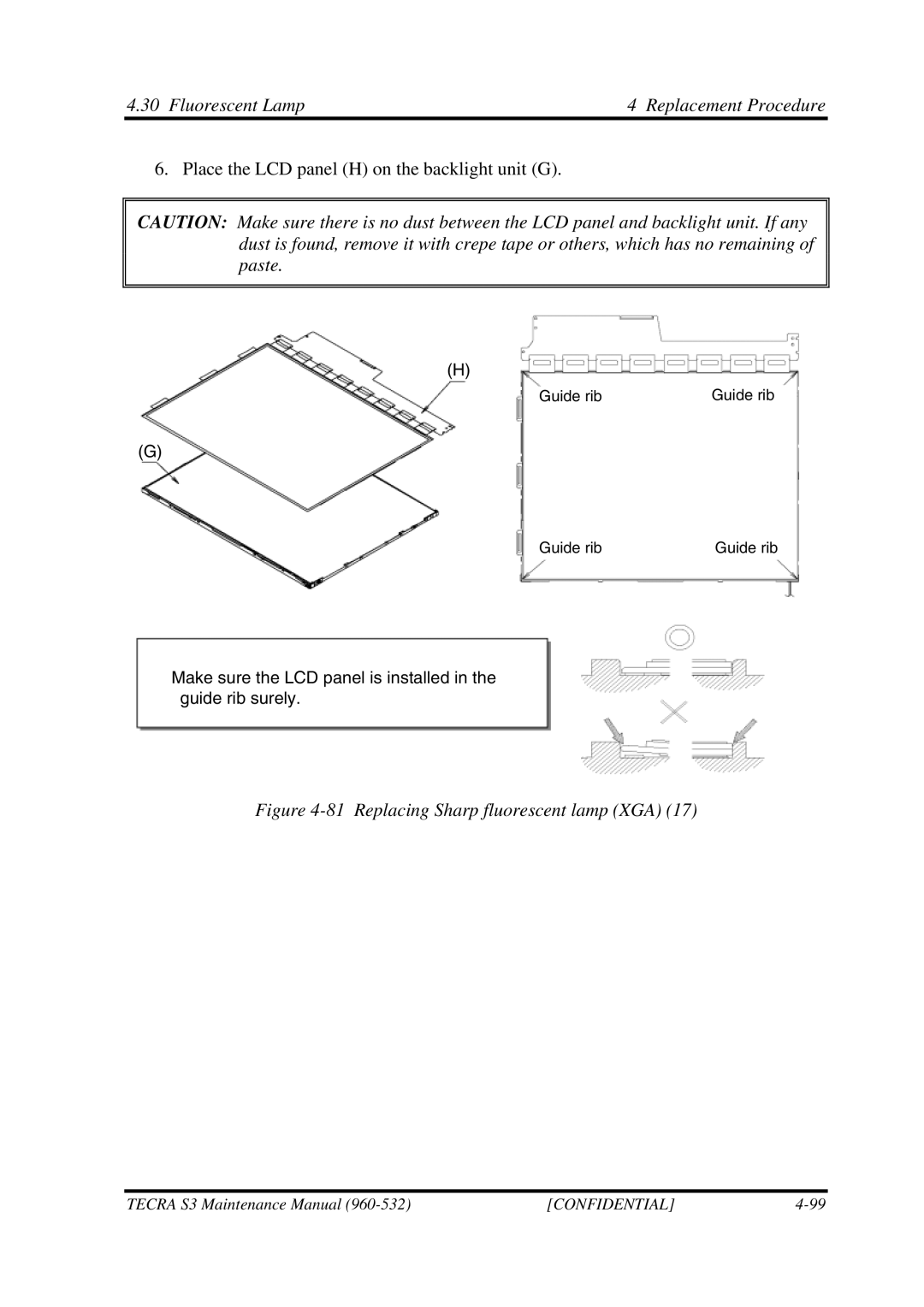 Toshiba S4 manual Replacing Sharp fluorescent lamp XGA 