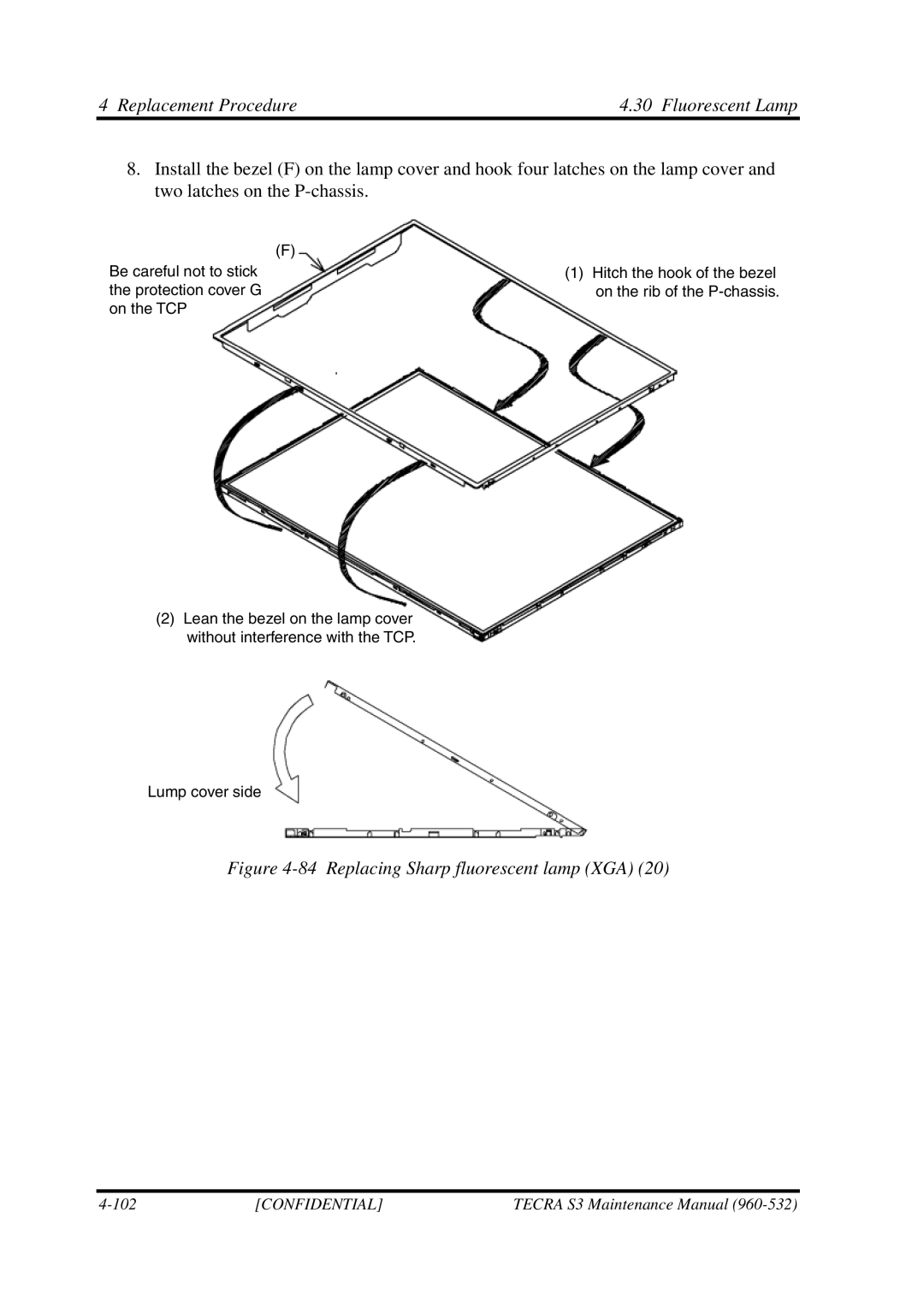 Toshiba S4 manual Replacing Sharp fluorescent lamp XGA 