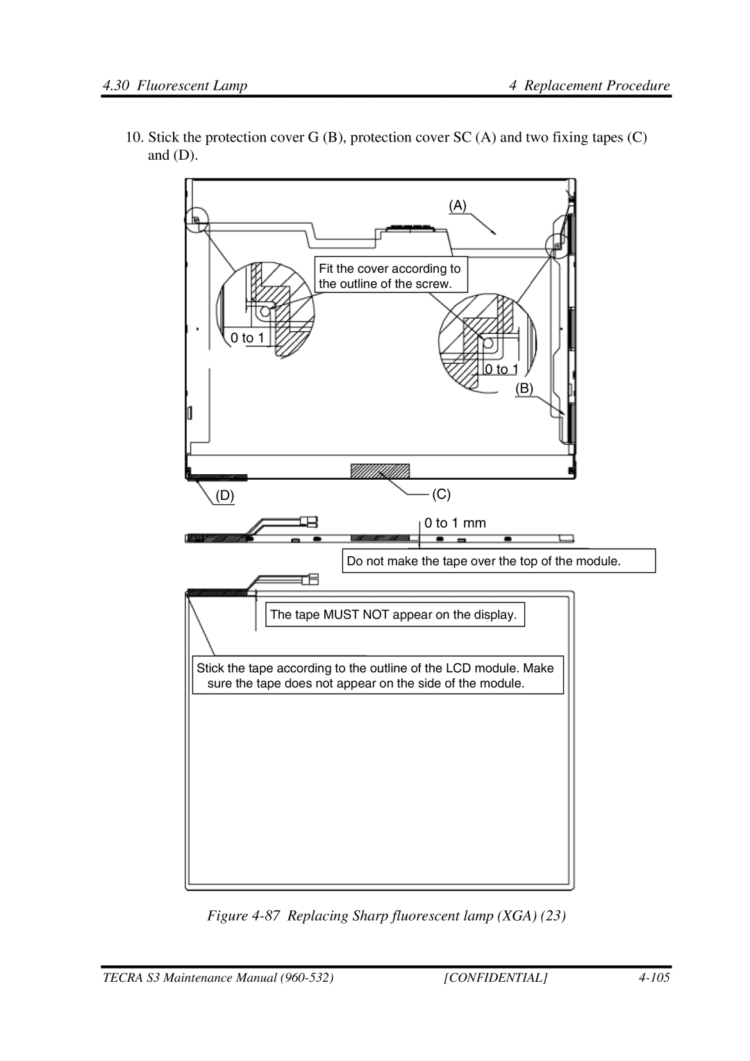 Toshiba S4 manual Replacing Sharp fluorescent lamp XGA 