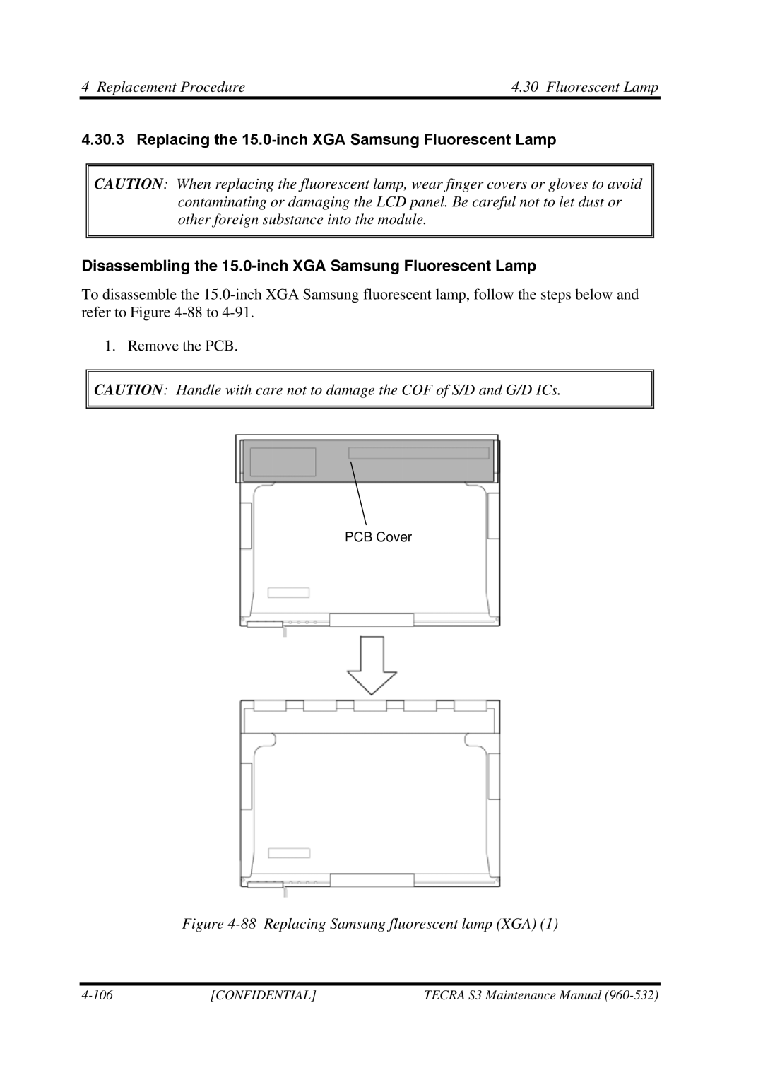 Toshiba S4 manual Replacing Samsung fluorescent lamp XGA 