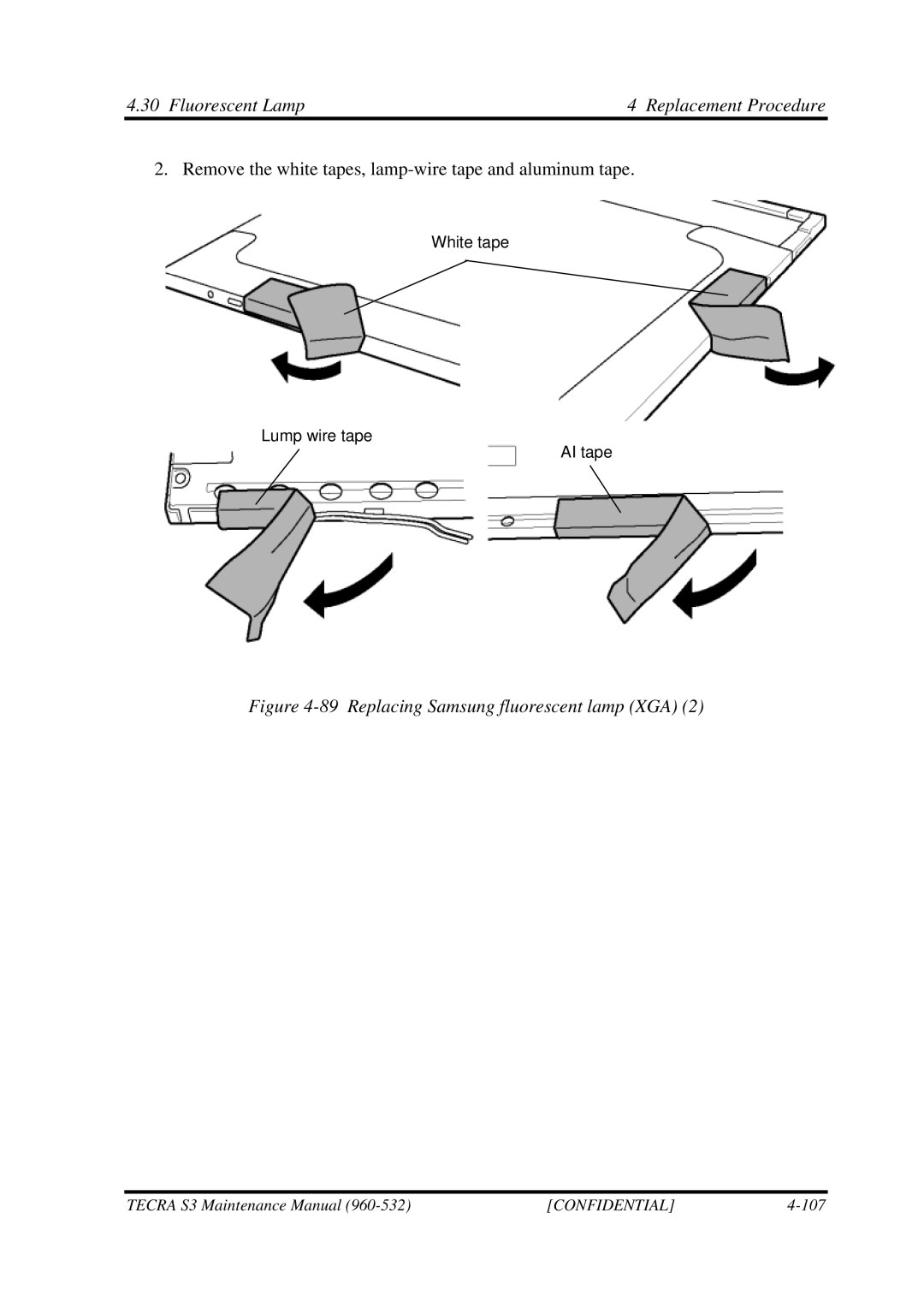 Toshiba S4 manual Replacing Samsung fluorescent lamp XGA 