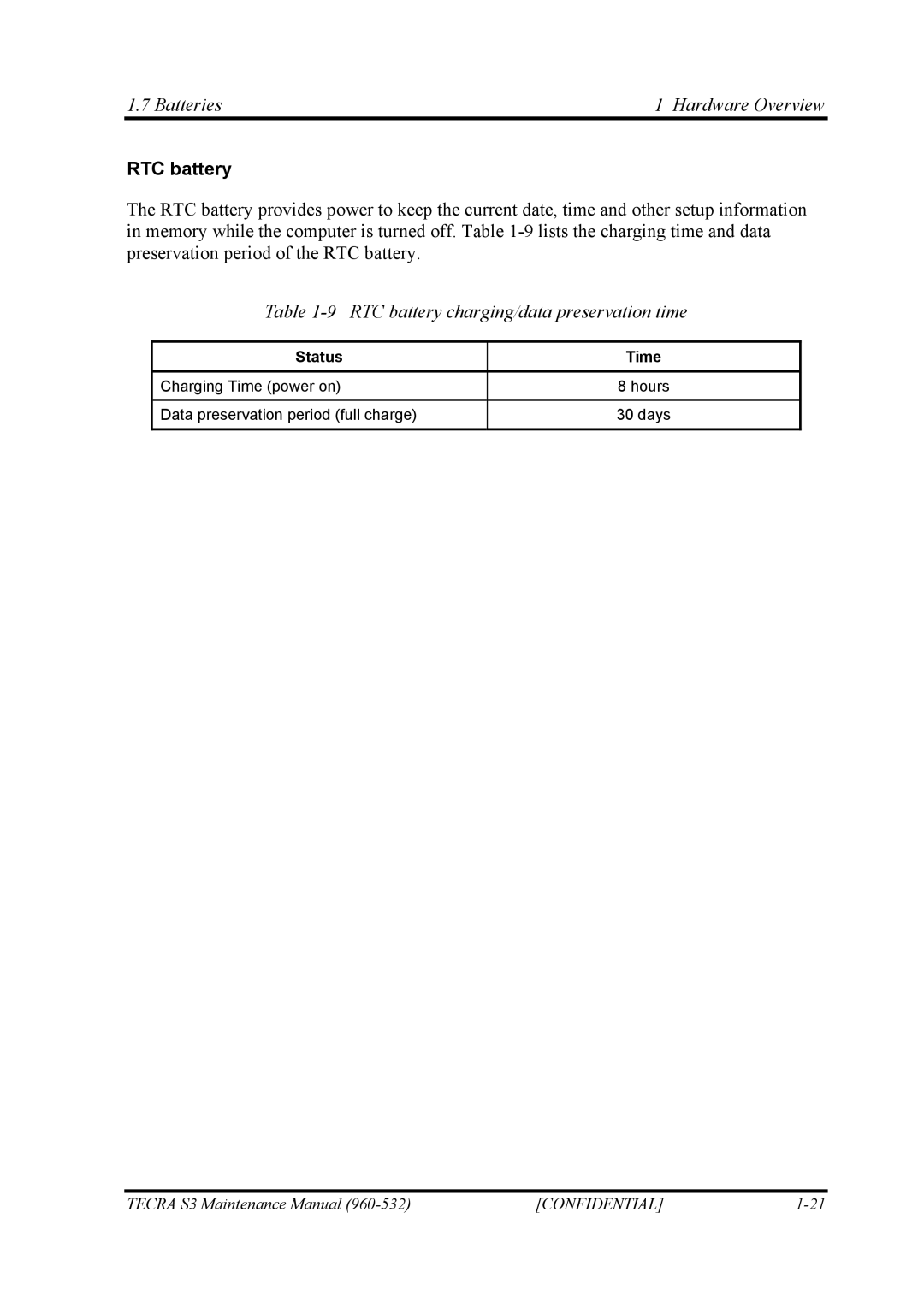 Toshiba S4 manual Batteries Hardware Overview, RTC battery charging/data preservation time, Status Time 