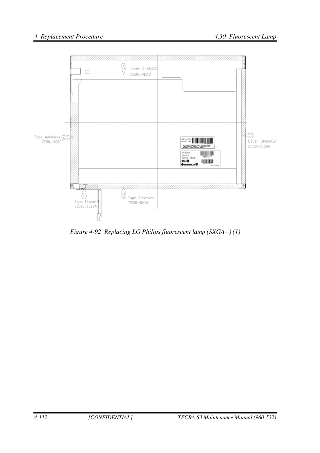 Toshiba S4 manual Replacing LG Philips fluorescent lamp SXGA+ 