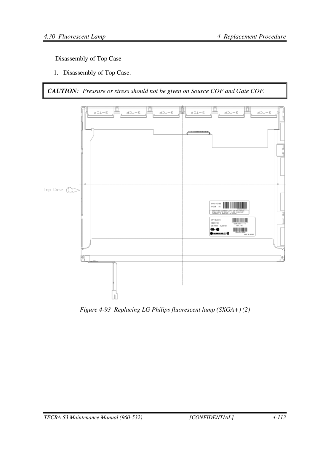 Toshiba S4 manual Replacing LG Philips fluorescent lamp SXGA+ 