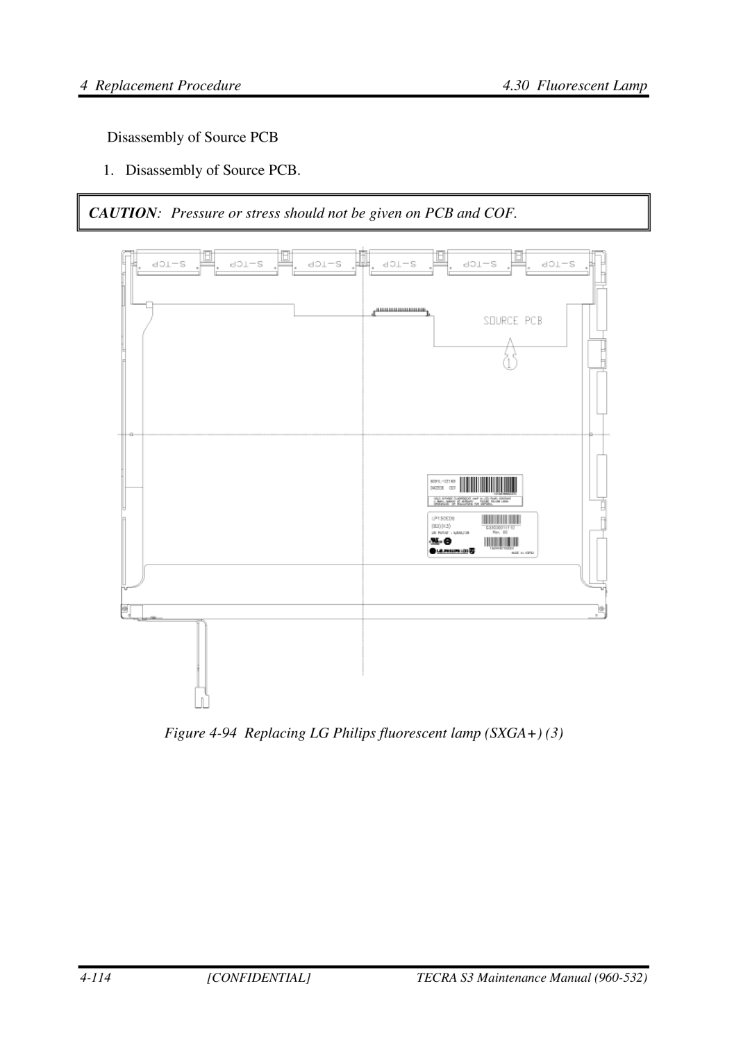 Toshiba S4 manual Replacing LG Philips fluorescent lamp SXGA+ 