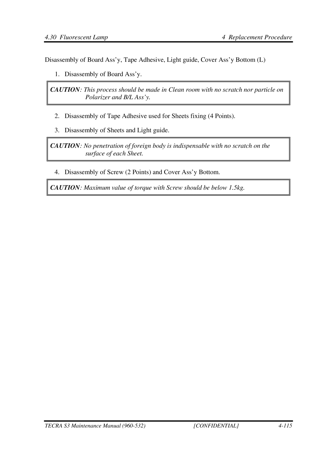 Toshiba S4 manual Fluorescent Lamp4 Replacement Procedure 