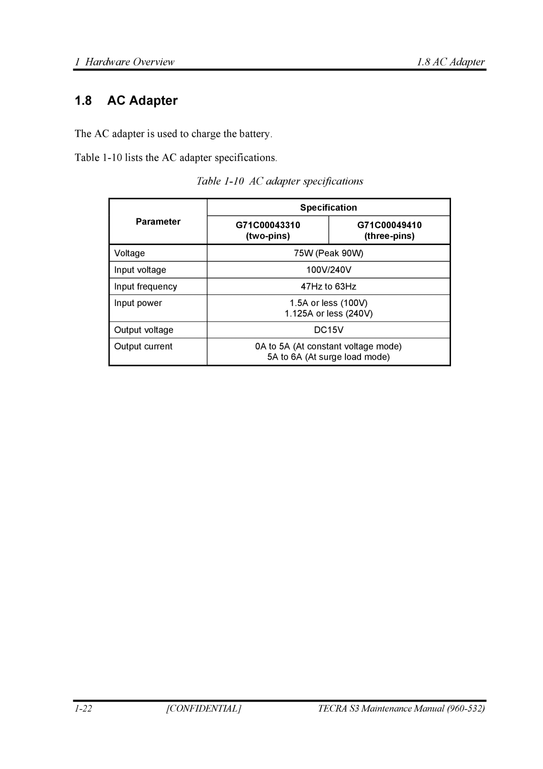 Toshiba S4 manual Hardware Overview AC Adapter, AC adapter specifications, Specification 