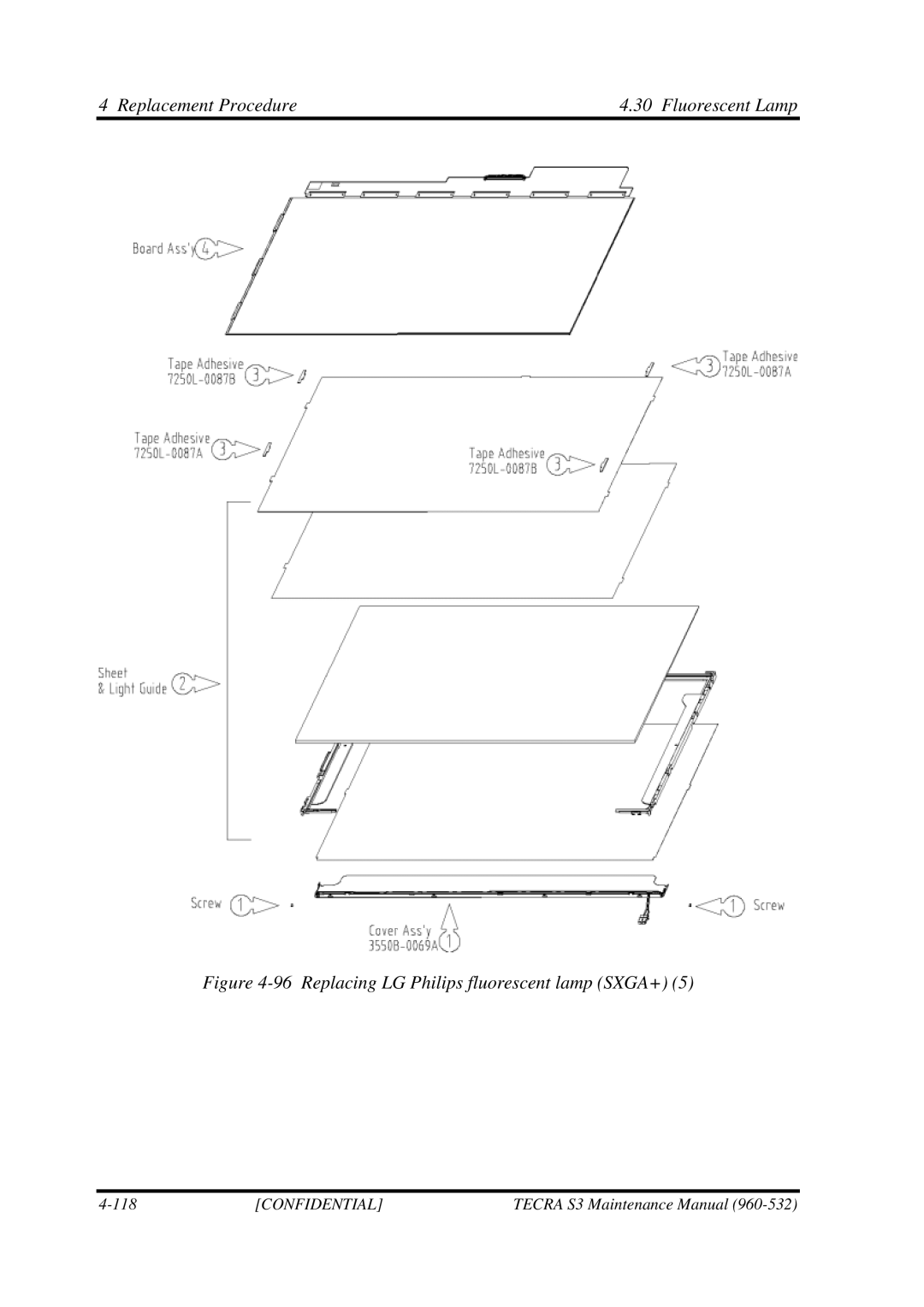 Toshiba S4 manual Replacing LG Philips fluorescent lamp SXGA+ 