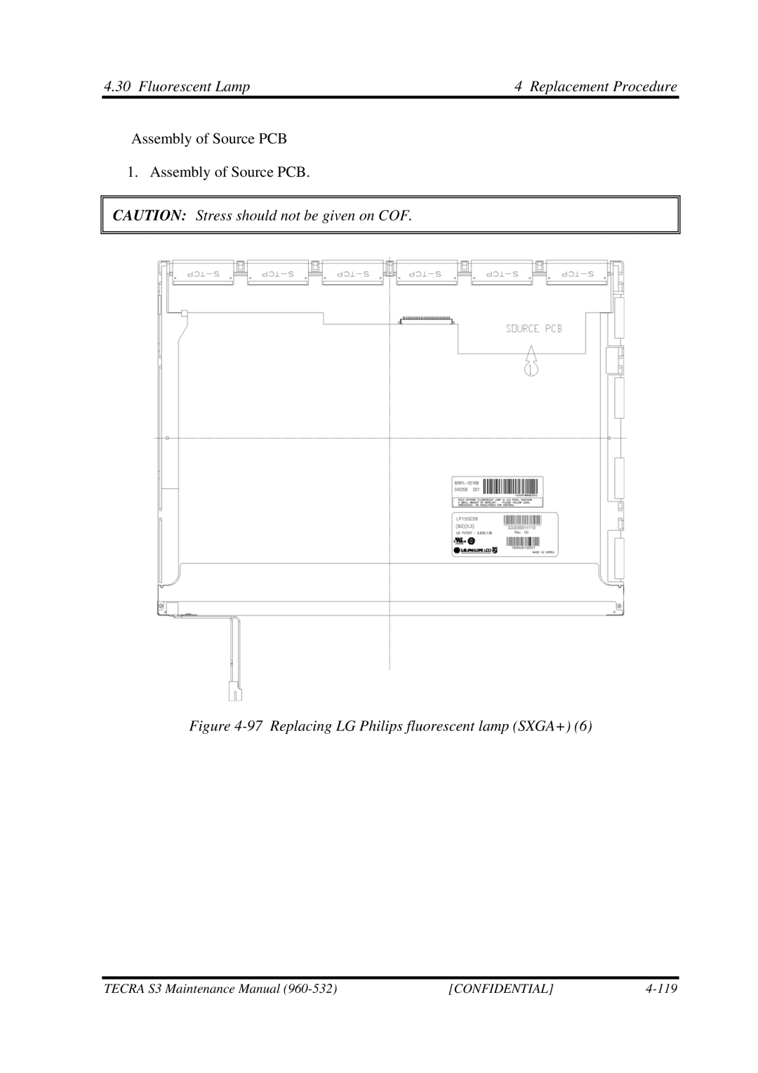 Toshiba S4 manual Replacing LG Philips fluorescent lamp SXGA+ 