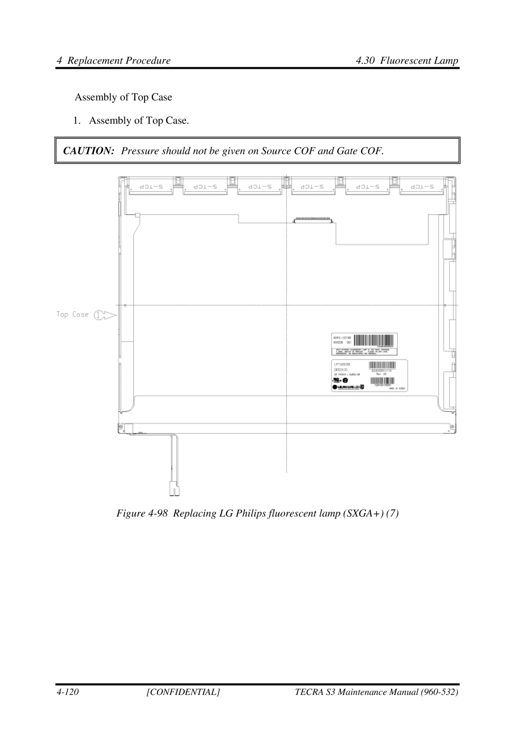 Toshiba S4 manual Replacing LG Philips fluorescent lamp SXGA+ 