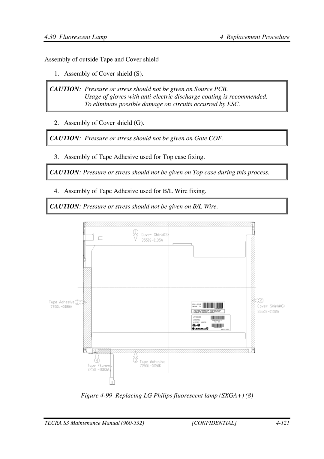 Toshiba S4 manual Replacing LG Philips fluorescent lamp SXGA+ 