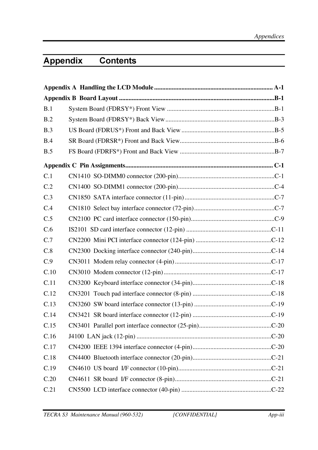 Toshiba S4 manual Appendix Contents 