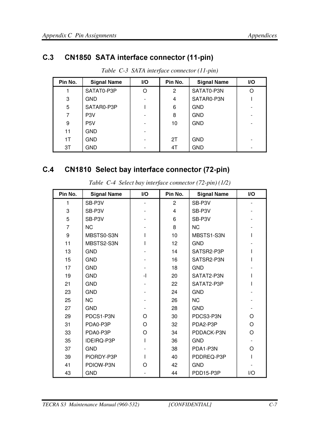 Toshiba S4 manual CN1850 Sata interface connector 11-pin, CN1810 Select bay interface connector 72-pin 