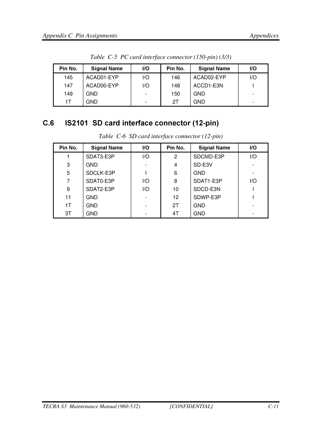 Toshiba S4 manual IS2101 SD card interface connector 12-pin, Table C-6 SD card interface connector 12-pin 