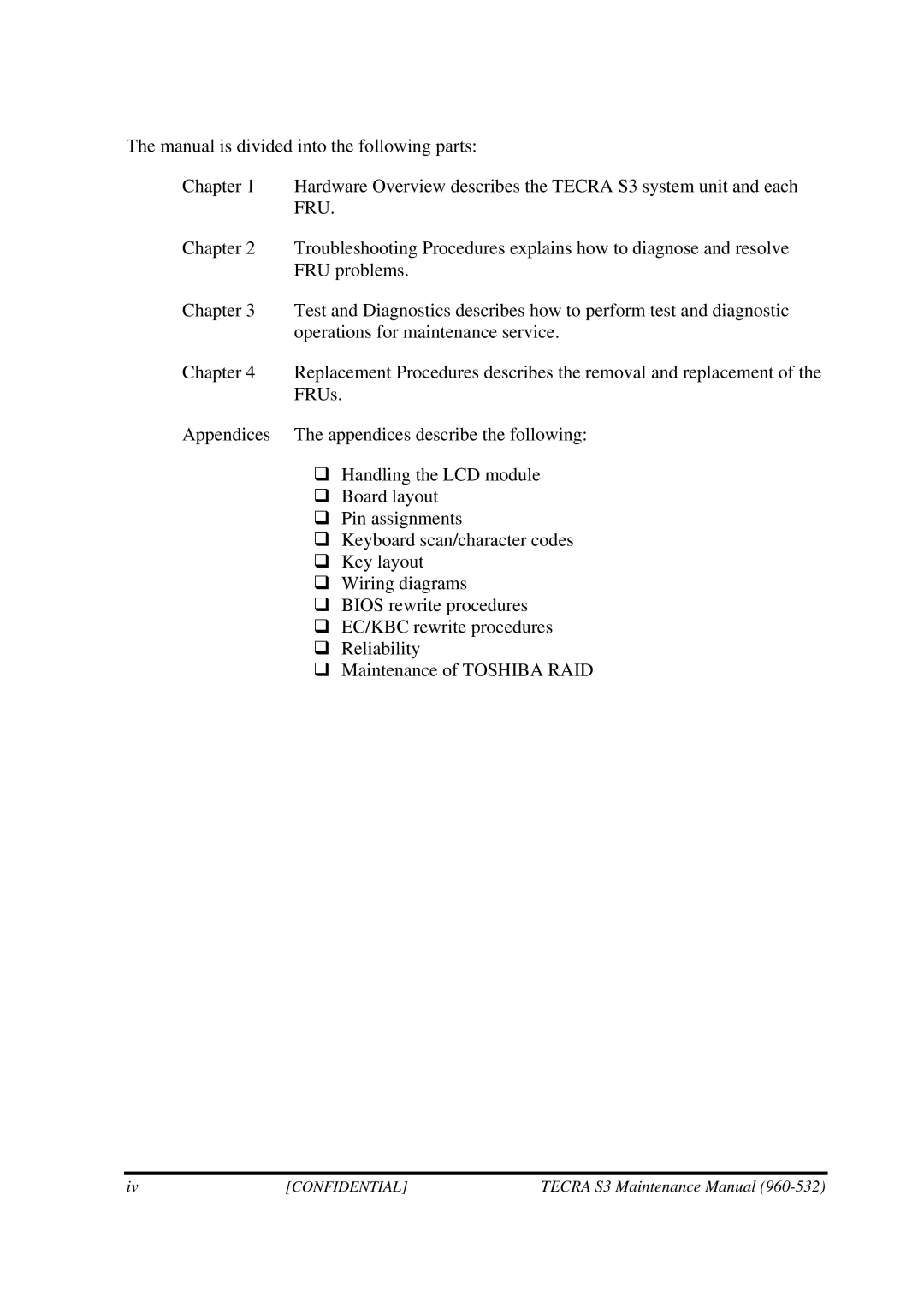 Toshiba S4 manual Confidential 