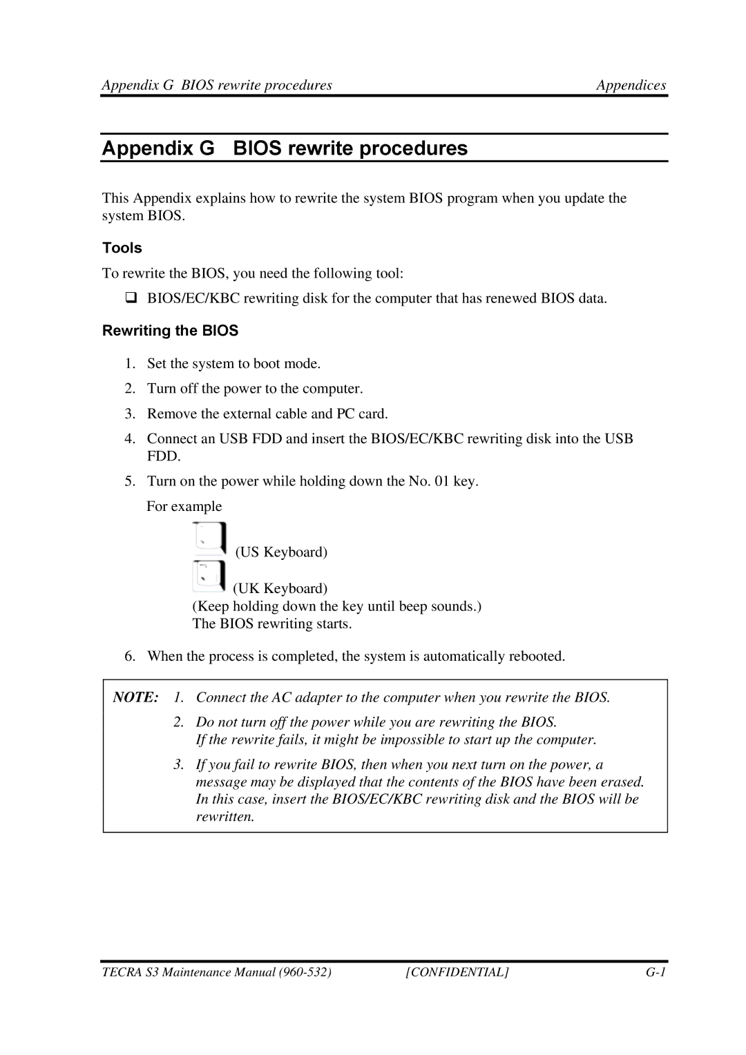 Toshiba S4 manual Appendix G Bios rewrite procedures Appendices, Tools, Rewriting the Bios 