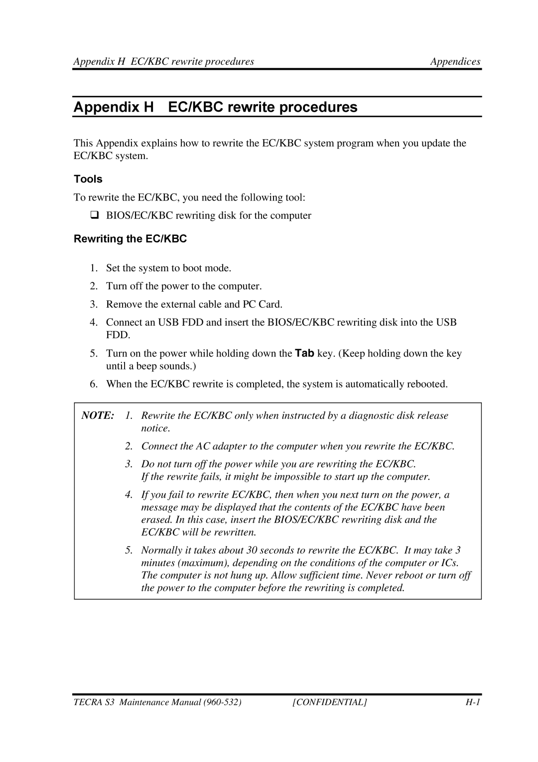 Toshiba S4 manual Appendix H EC/KBC rewrite procedures Appendices, Rewriting the EC/KBC 