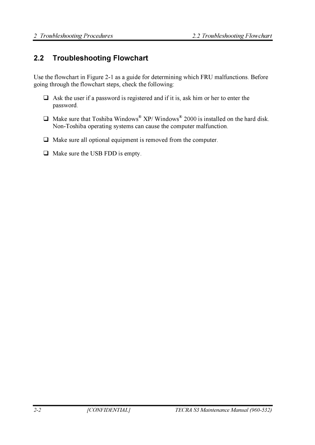 Toshiba S4 manual Troubleshooting Procedures Troubleshooting Flowchart 