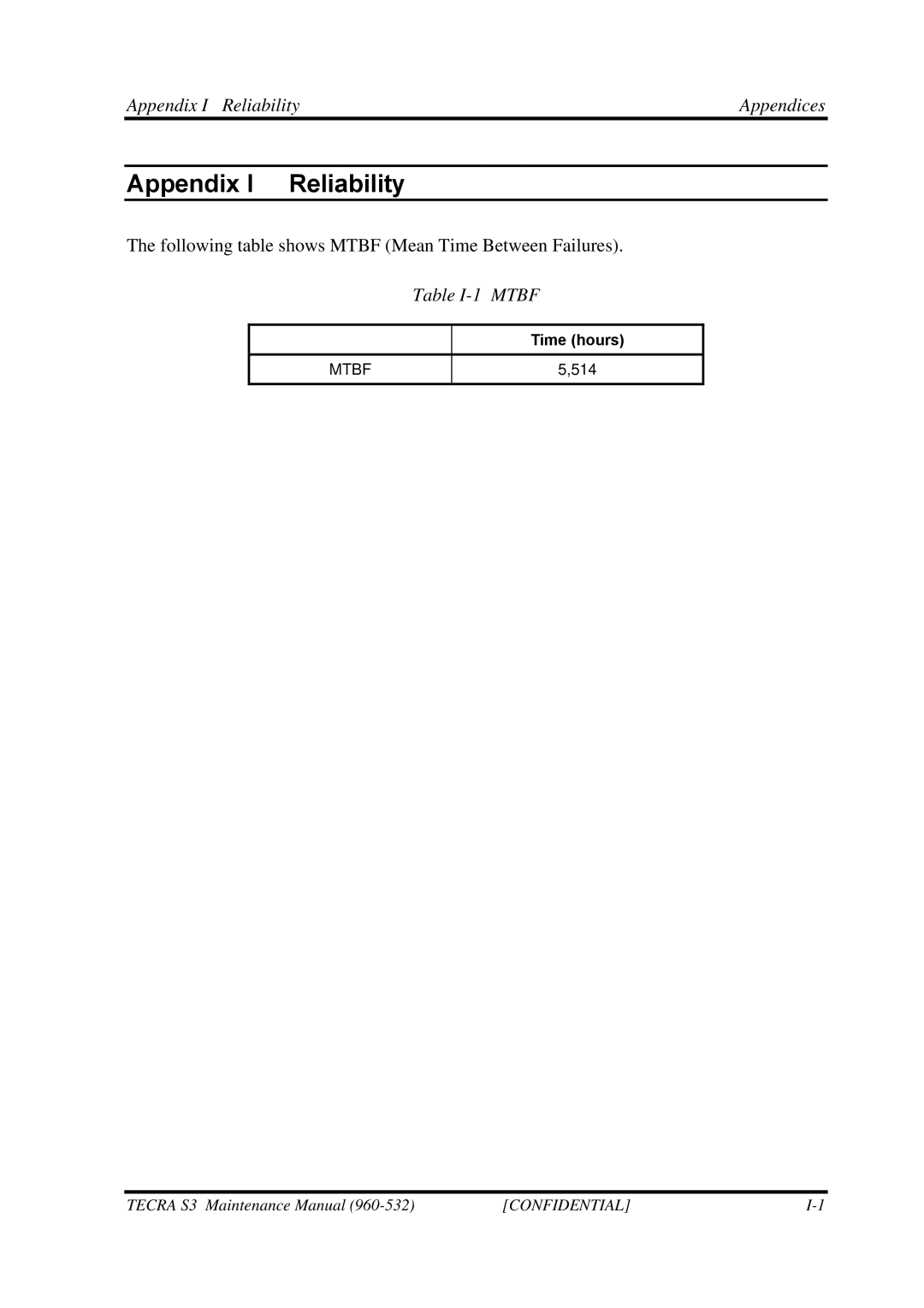 Toshiba S4 manual Appendix I Reliability Appendices, Table I-1 Mtbf, Time hours 