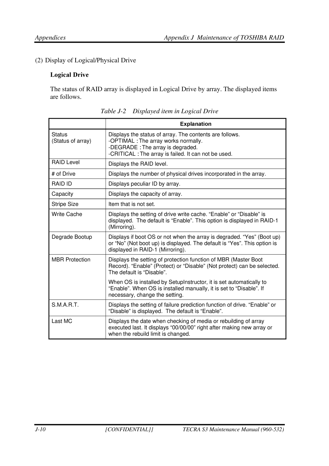 Toshiba S4 manual Table J-2 Displayed item in Logical Drive, Explanation 