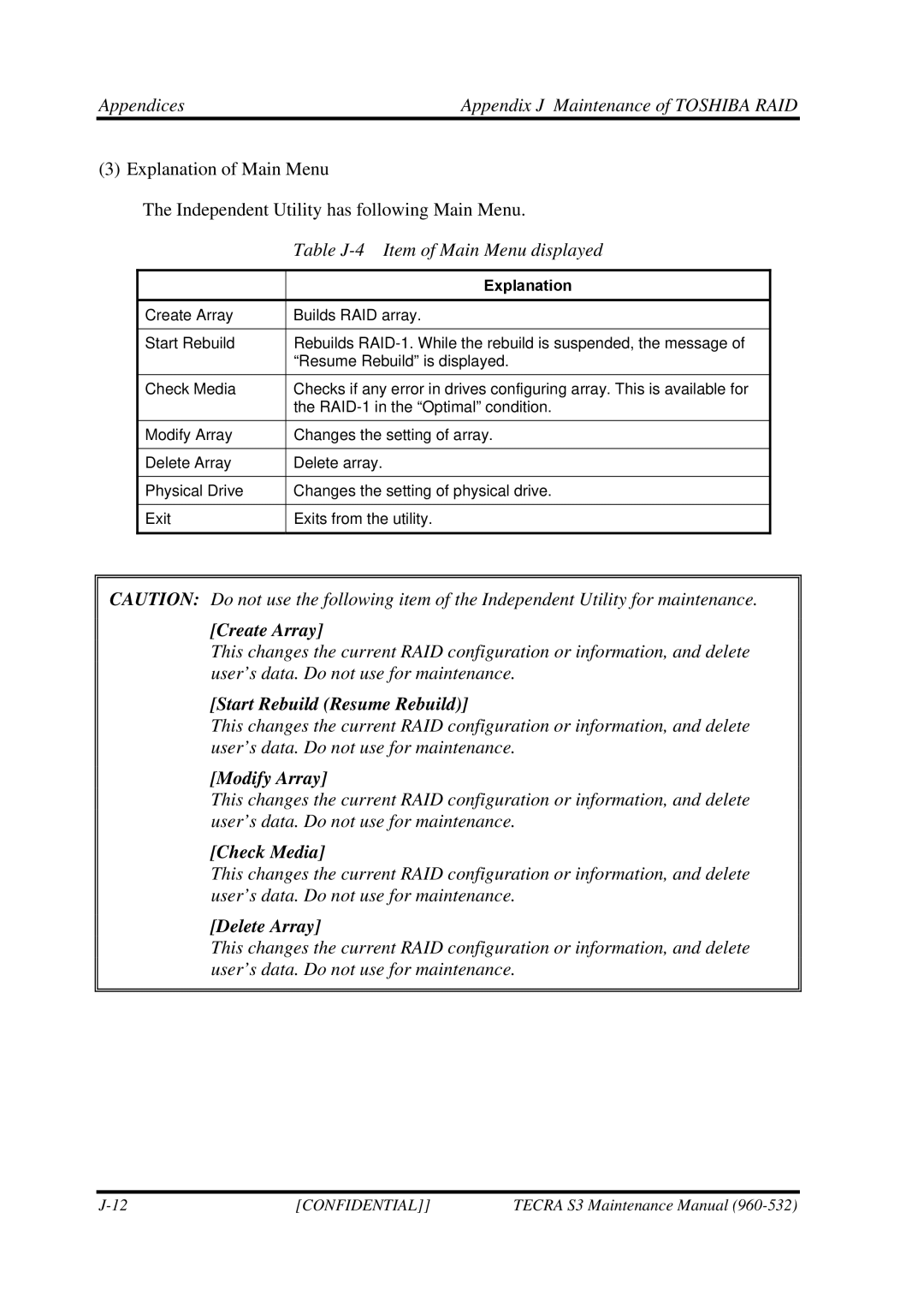 Toshiba S4 manual AppendicesAppendix J Maintenance of Toshiba RAID, Table J-4 Item of Main Menu displayed 