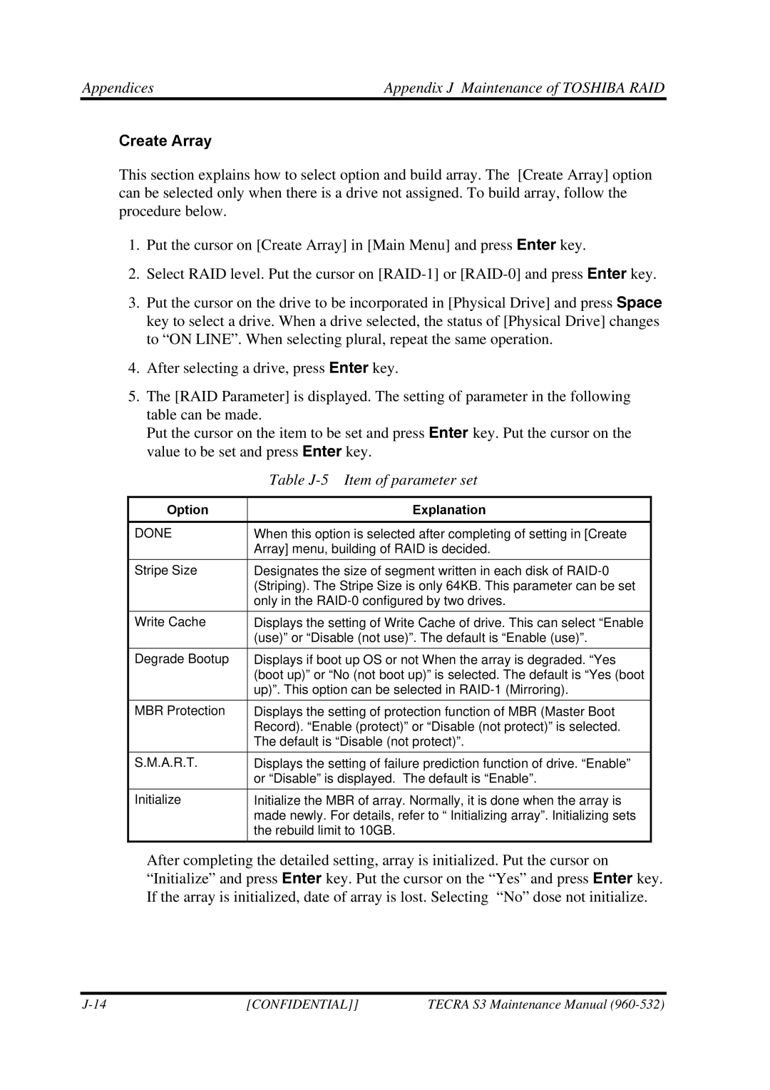 Toshiba S4 manual Create Array, Table J-5 Item of parameter set, Option Explanation 