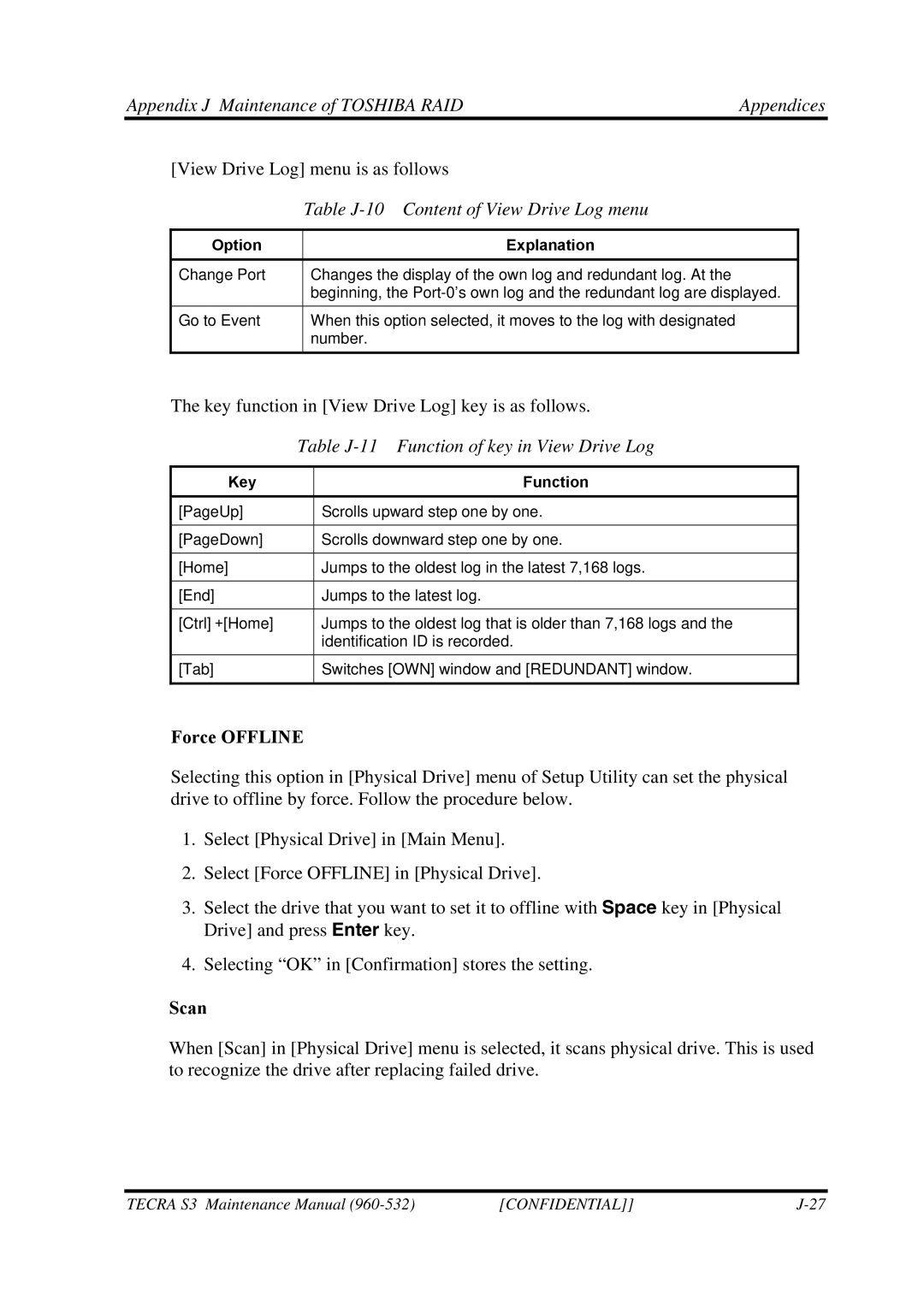 Toshiba S4 Table J-10 Content of View Drive Log menu, Table J-11 Function of key in View Drive Log, Force Offline, Scan 