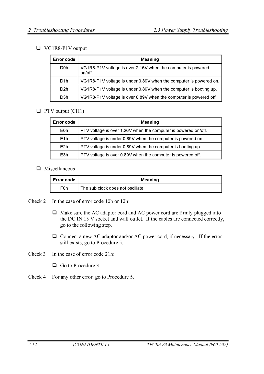 Toshiba S4 manual ‰ VG1R8-P1V output, Error code Meaning F0h Sub clock does not oscillate 