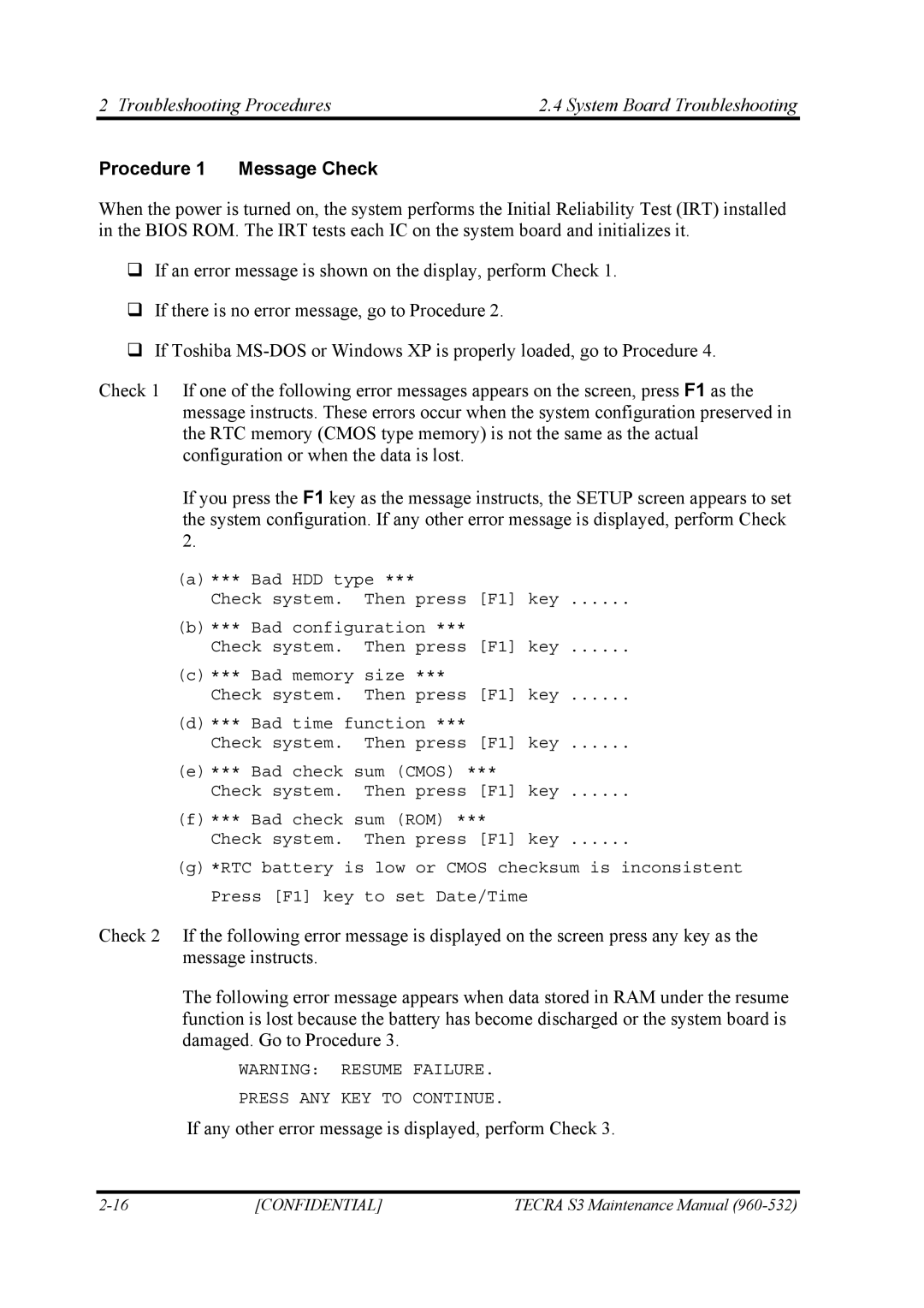 Toshiba S4 manual Troubleshooting Procedures System Board Troubleshooting, Procedure 1 Message Check 