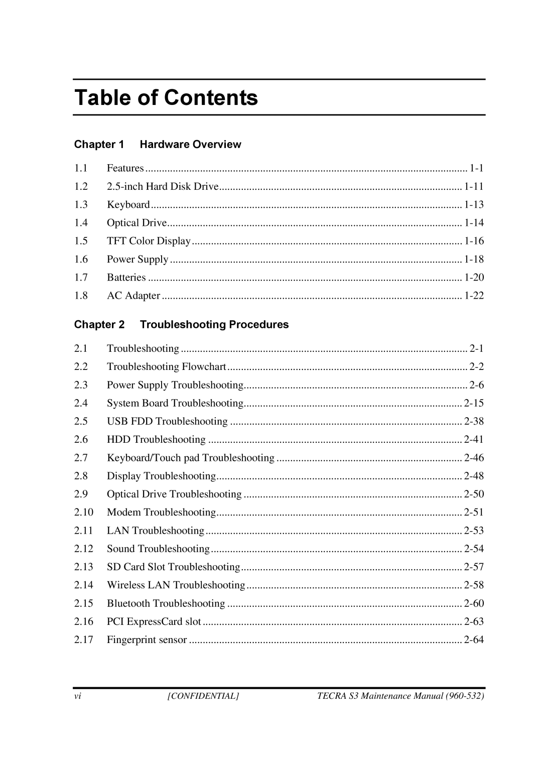 Toshiba S4 manual Table of Contents 