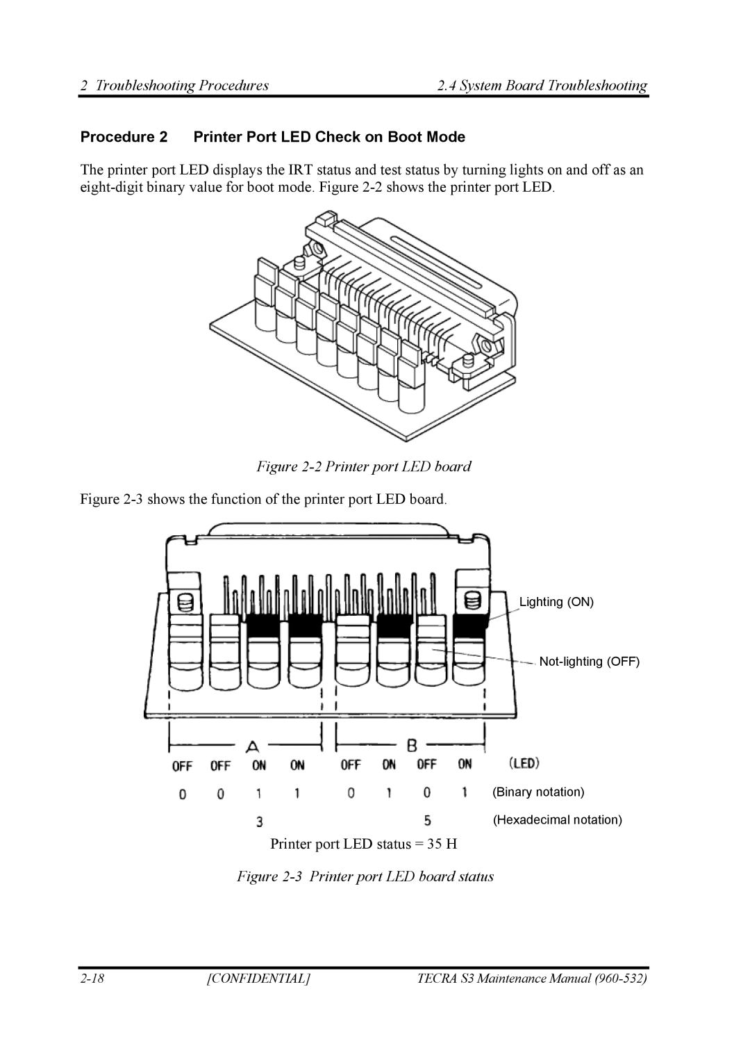 Toshiba S4 manual Procedure 2 Printer Port LED Check on Boot Mode, Printer port LED board 