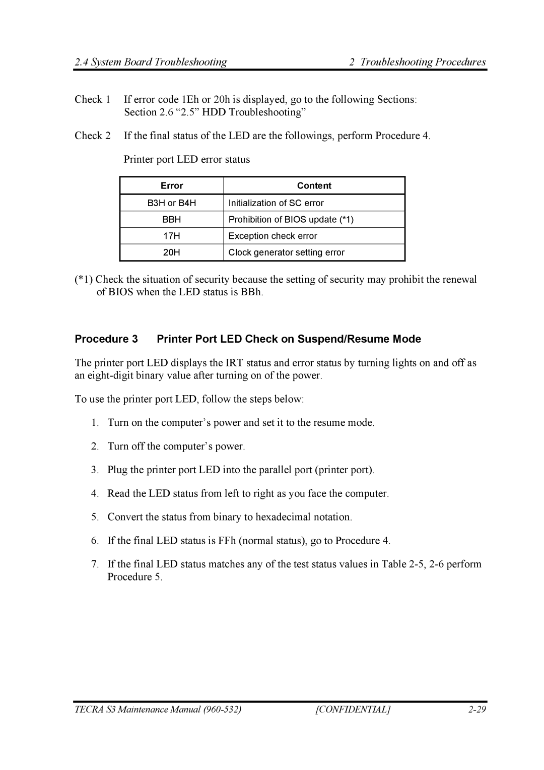 Toshiba S4 manual Procedure 3 Printer Port LED Check on Suspend/Resume Mode, Error Content 