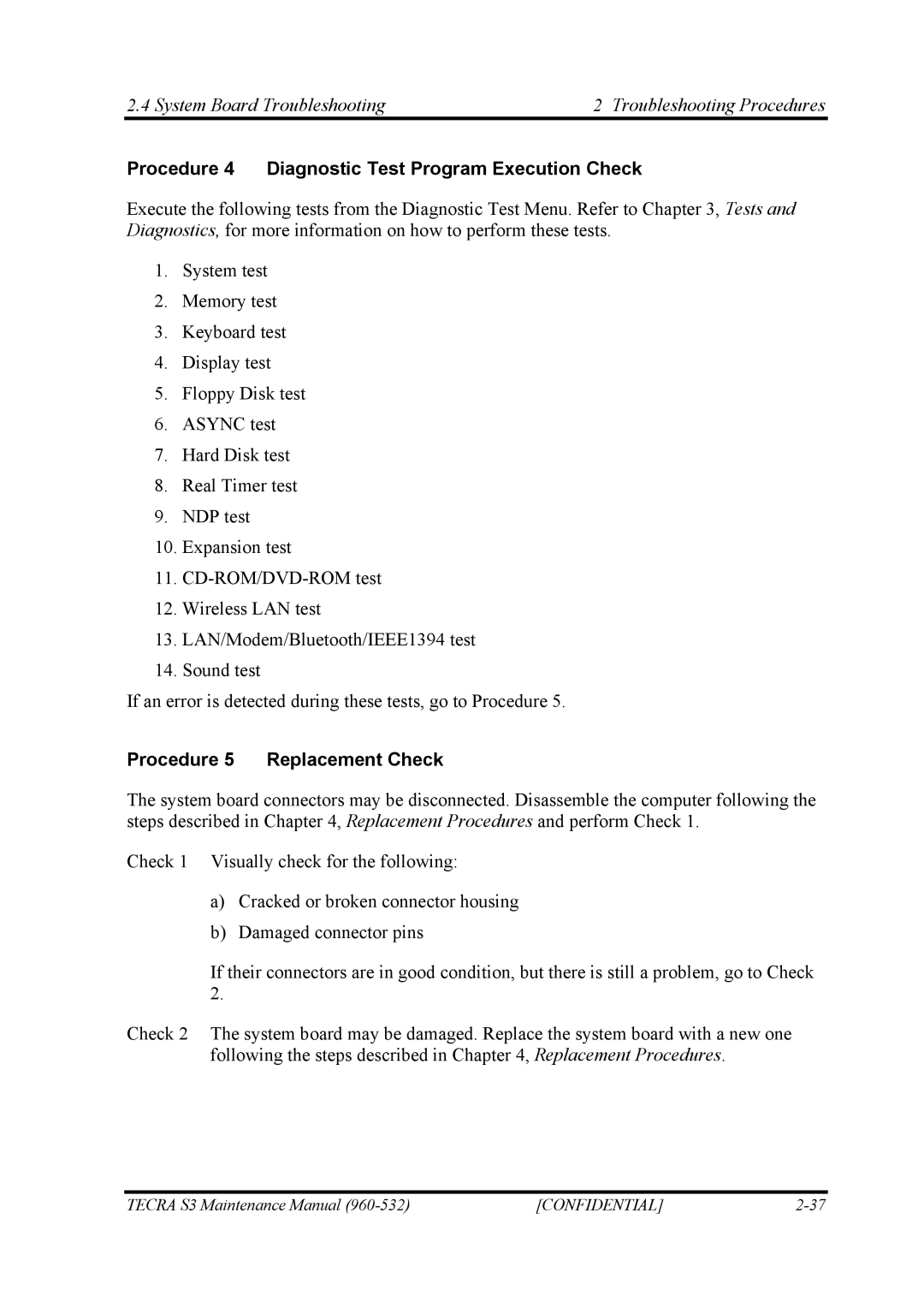 Toshiba S4 System Board Troubleshooting Troubleshooting Procedures, Procedure 4 Diagnostic Test Program Execution Check 