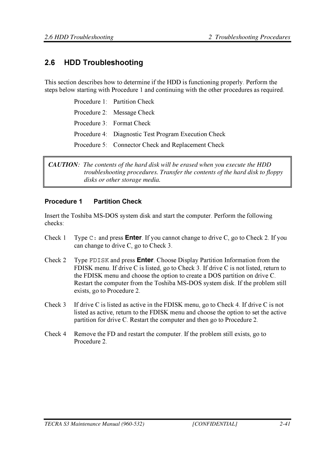 Toshiba S4 manual HDD Troubleshooting Troubleshooting Procedures, Procedure 1 Partition Check 