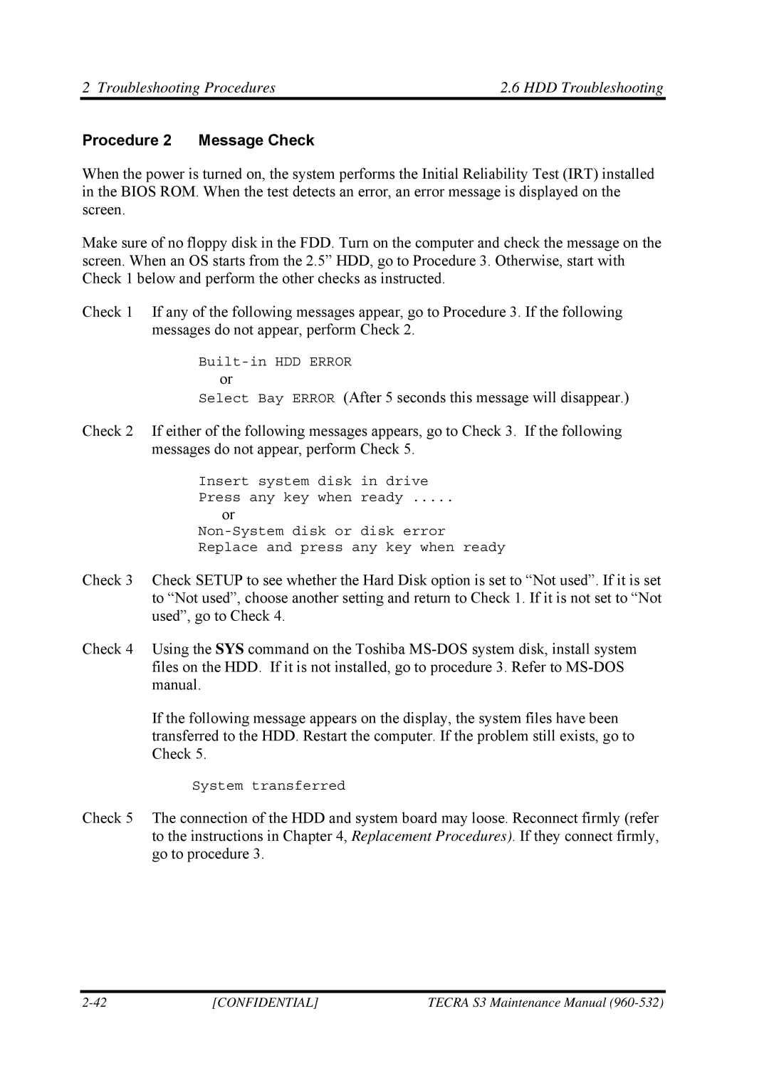 Toshiba S4 manual Troubleshooting Procedures HDD Troubleshooting, Procedure 2 Message Check 