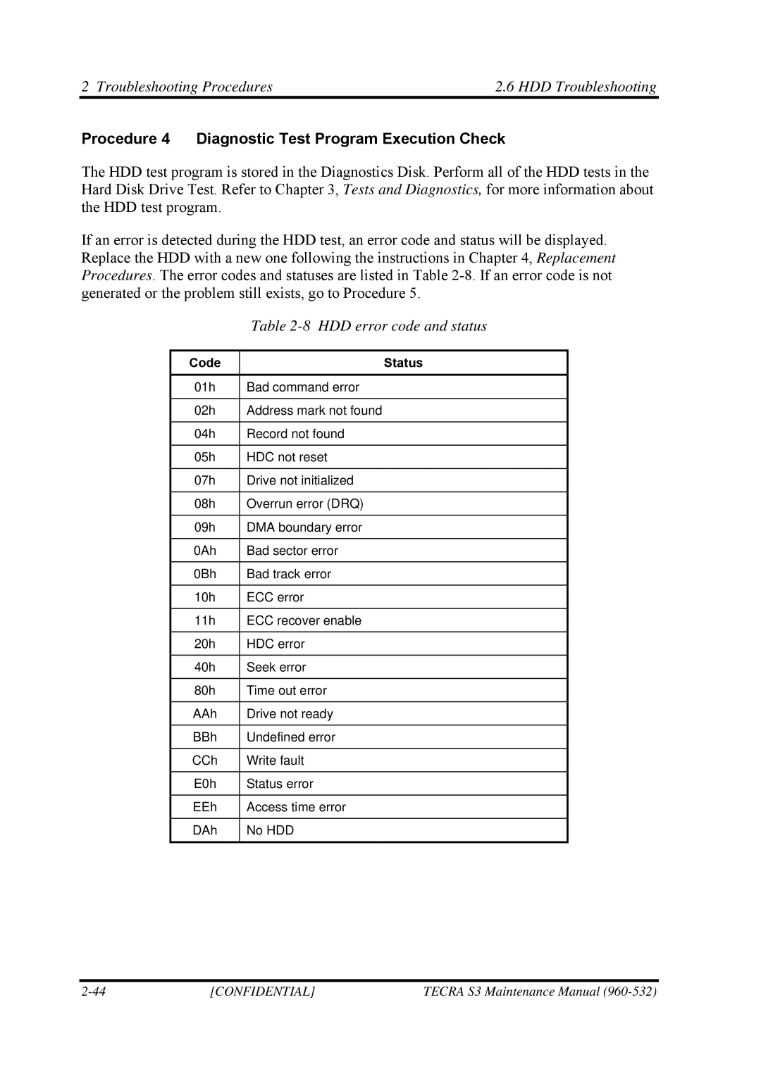 Toshiba S4 manual Procedure 4 Diagnostic Test Program Execution Check, HDD error code and status 