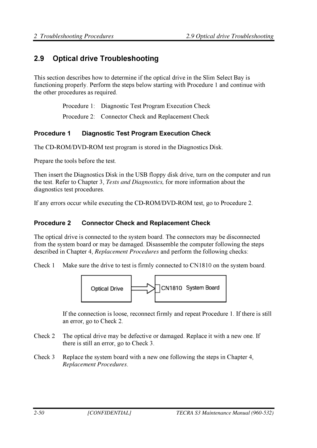 Toshiba S4 manual Troubleshooting Procedures Optical drive Troubleshooting 