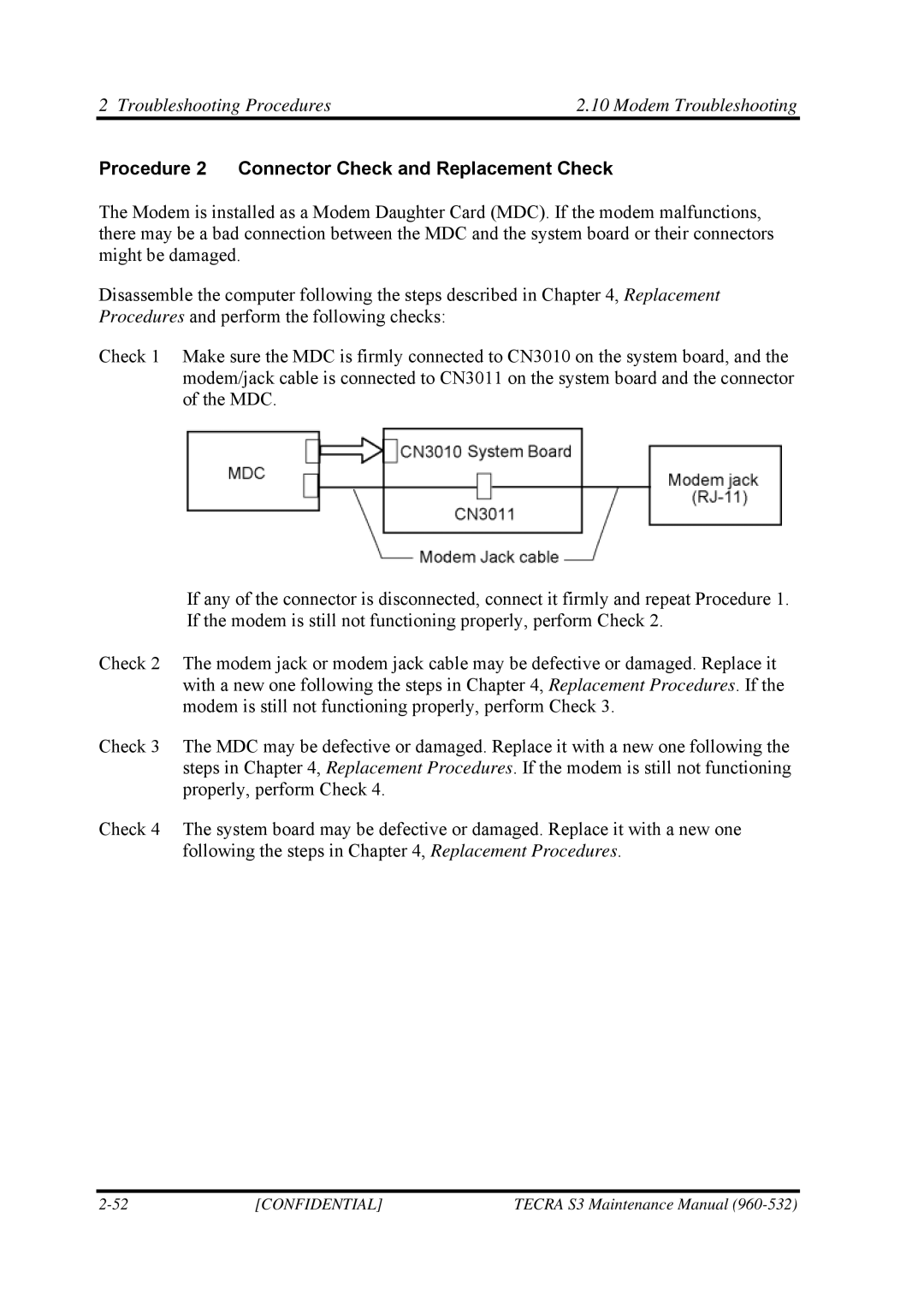 Toshiba S4 manual Troubleshooting Procedures Modem Troubleshooting 