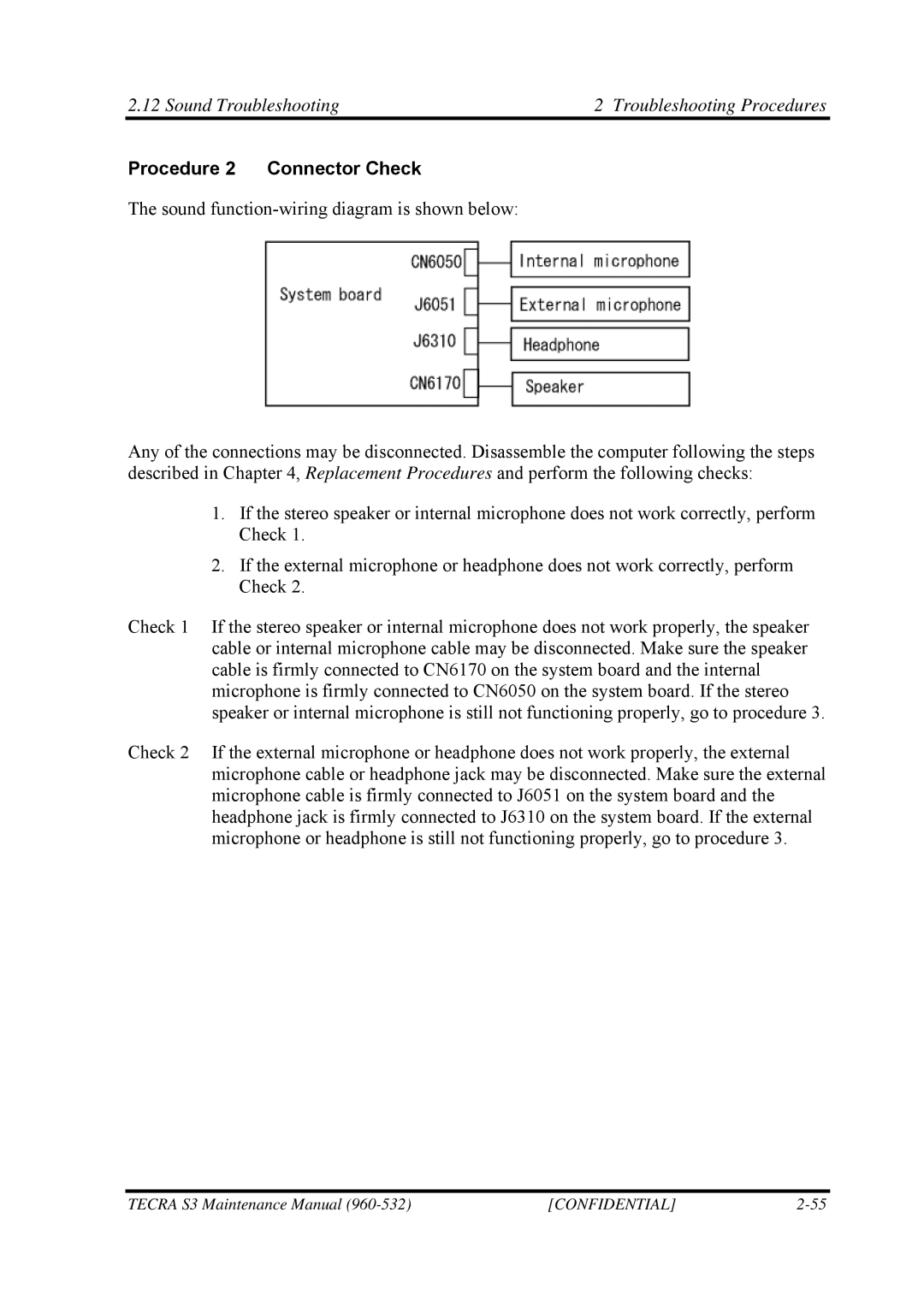 Toshiba S4 manual Sound Troubleshooting Troubleshooting Procedures, Procedure 2 Connector Check 