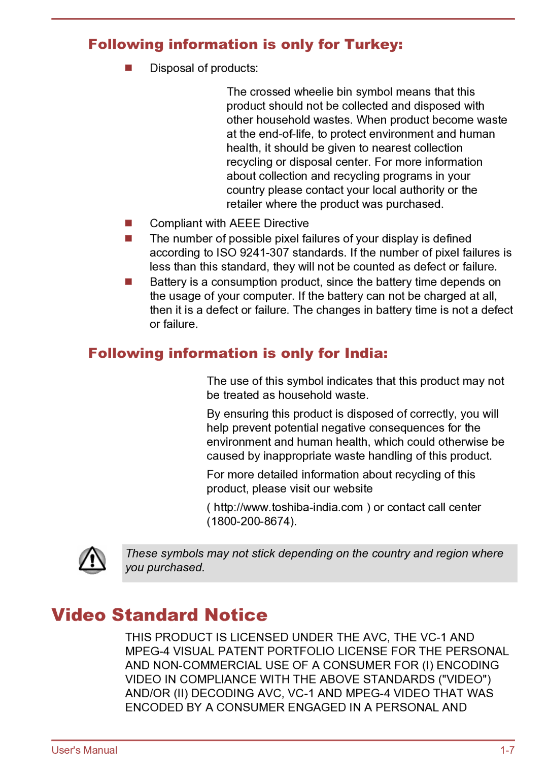 Toshiba C40-B Video Standard Notice, Following information is only for Turkey, Following information is only for India 