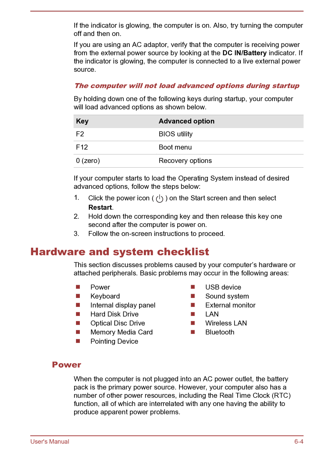 Toshiba C40Dt-B, S40D-B, S40-B Hardware and system checklist, Power, Computer will not load advanced options during startup 