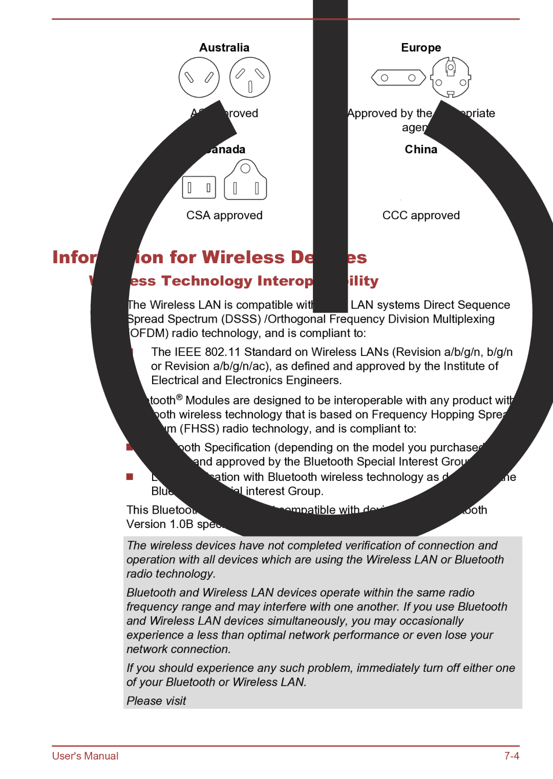 Toshiba C45Dt-B Information for Wireless Devices, Wireless Technology Interoperability, Australia Europe, Canada China 