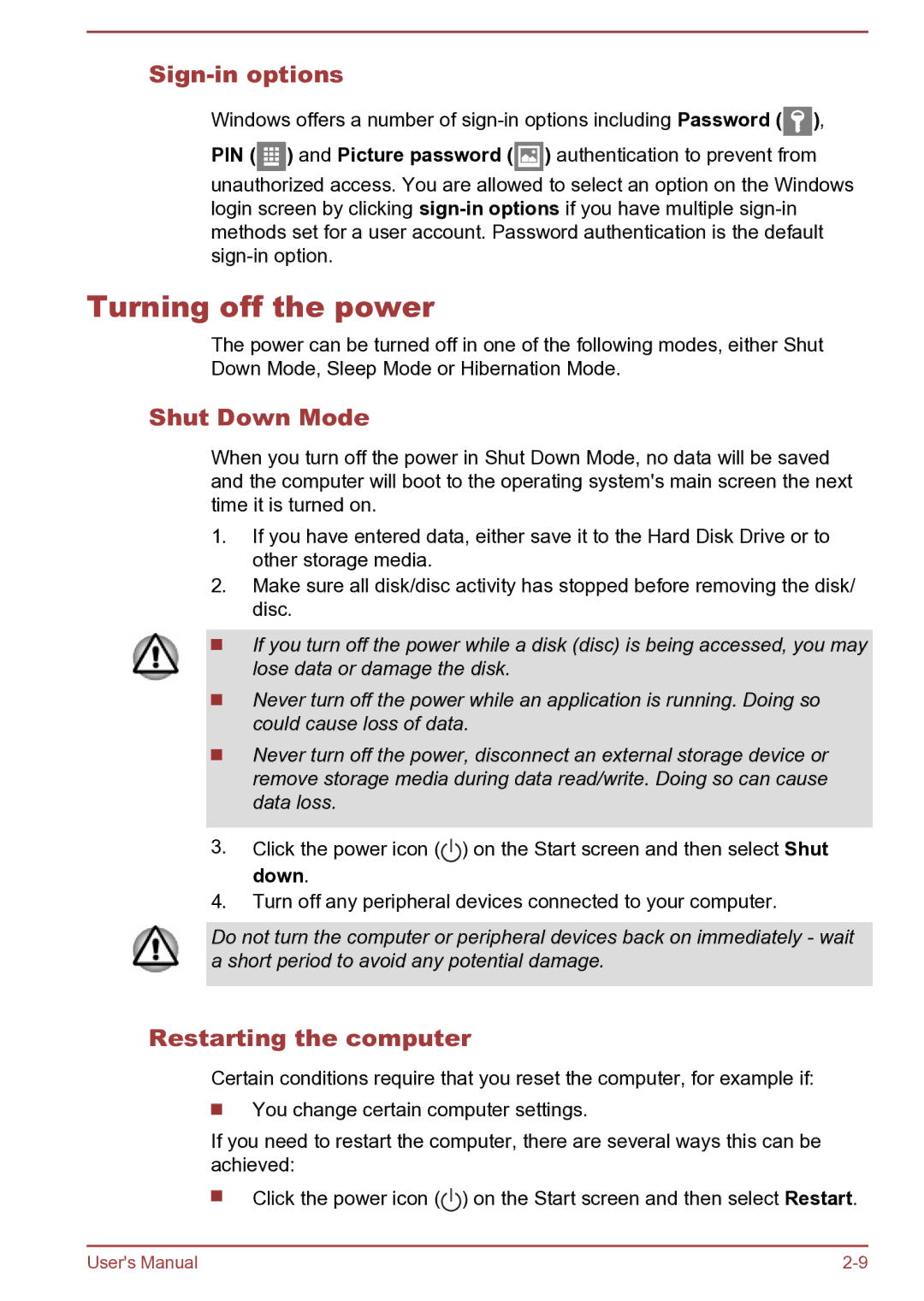 Toshiba L40t-B, S40D-B, S40Dt-B, S40t-B Turning off the power, Sign-in options, Shut Down Mode, Restarting the computer 